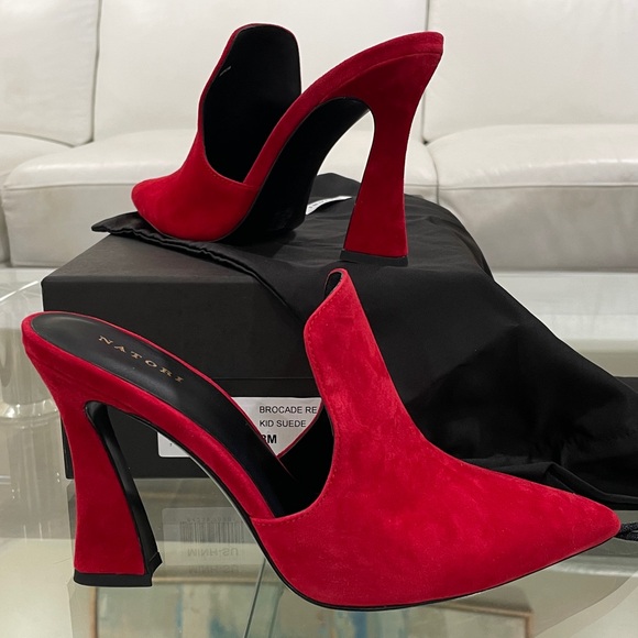 NWT NATORI red suede slip on mules pointy toe slides high vamp 4” flare heel kid - Picture 1 of 16